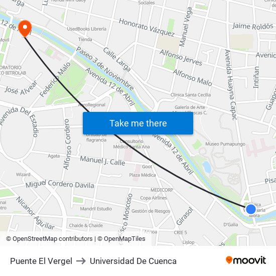 Puente El Vergel to Universidad De Cuenca map