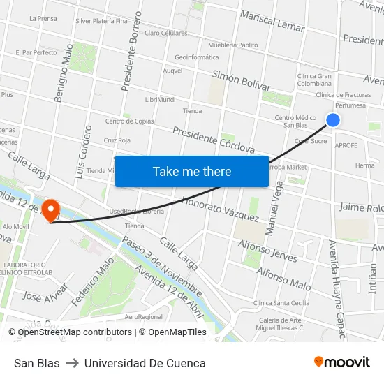 San Blas to Universidad De Cuenca map