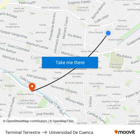 Terminal Terrestre to Universidad De Cuenca map