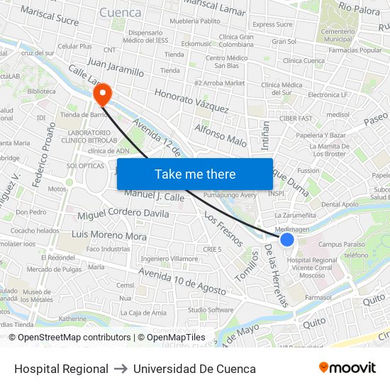 Hospital Regional to Universidad De Cuenca map