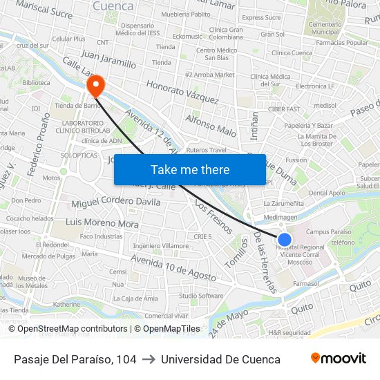 Pasaje Del Paraíso, 104 to Universidad De Cuenca map