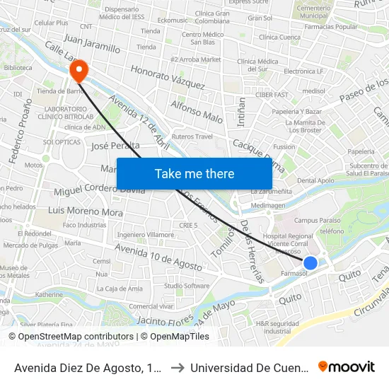 Avenida Diez De Agosto, 129 to Universidad De Cuenca map