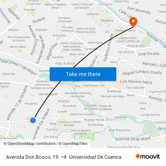 Avenida Don Bosco, 19 to Universidad De Cuenca map