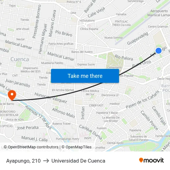 Ayapungo, 210 to Universidad De Cuenca map