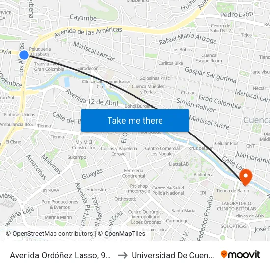Avenida Ordóñez Lasso, 911 to Universidad De Cuenca map
