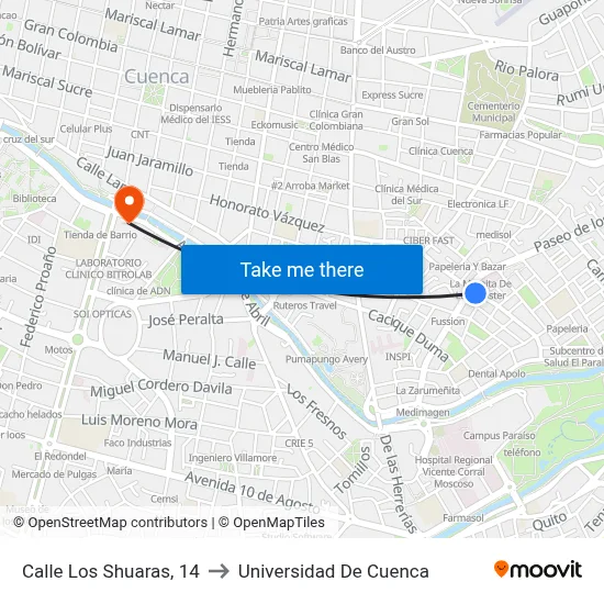 Calle Los Shuaras, 14 to Universidad De Cuenca map