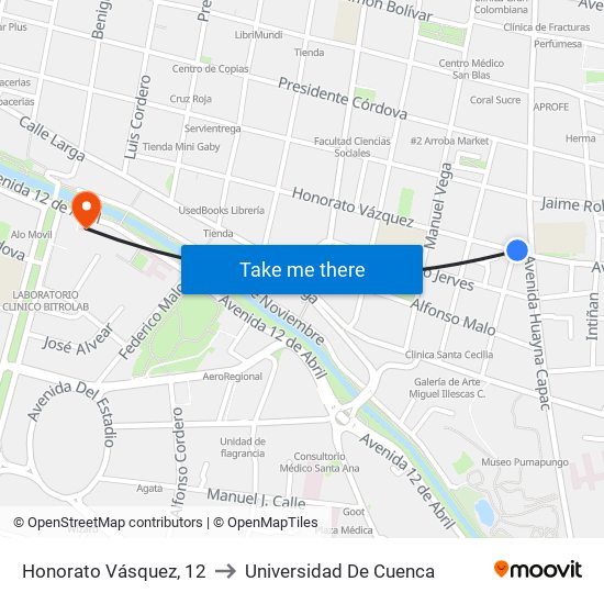 Honorato Vásquez, 12 to Universidad De Cuenca map