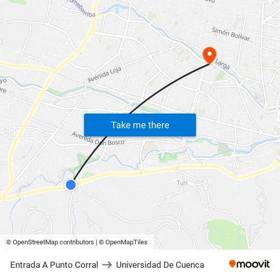 Entrada A Punto Corral to Universidad De Cuenca map