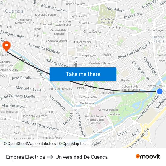 Emprea Electrica to Universidad De Cuenca map