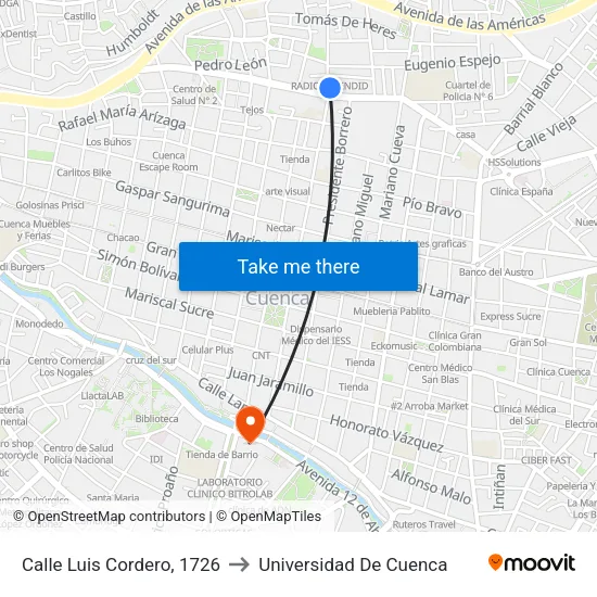 Calle Luis Cordero, 1726 to Universidad De Cuenca map