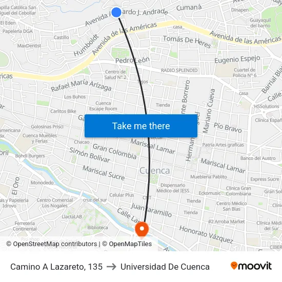 Camino A Lazareto, 135 to Universidad De Cuenca map
