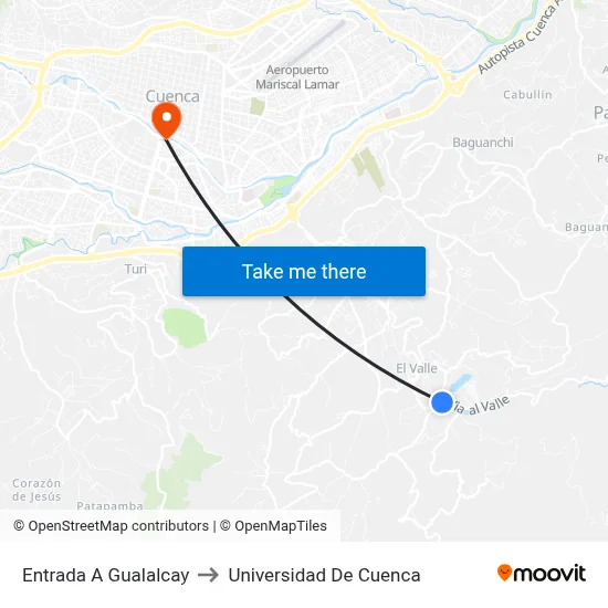 Entrada A Gualalcay to Universidad De Cuenca map