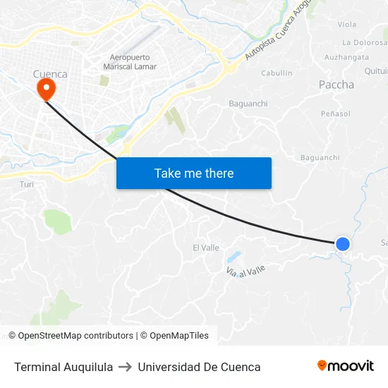 Terminal Auquilula to Universidad De Cuenca map