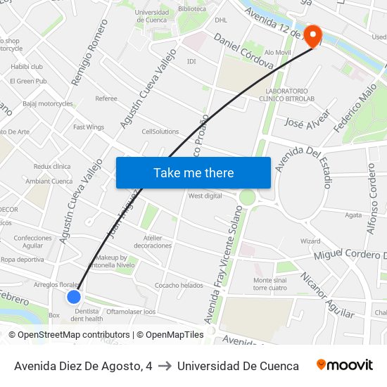 Avenida Diez De Agosto, 4 to Universidad De Cuenca map