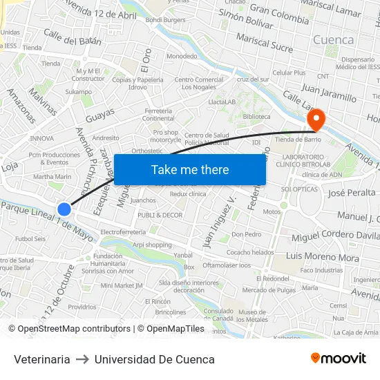 Veterinaria to Universidad De Cuenca map