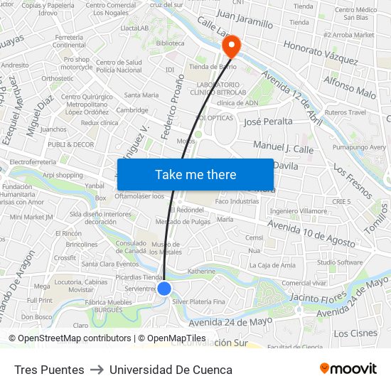 Tres Puentes to Universidad De Cuenca map