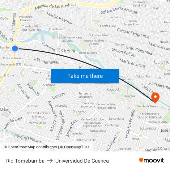 Rio Tomebamba to Universidad De Cuenca map