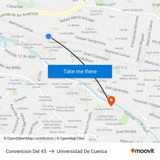 Convencion Del 45 to Universidad De Cuenca map