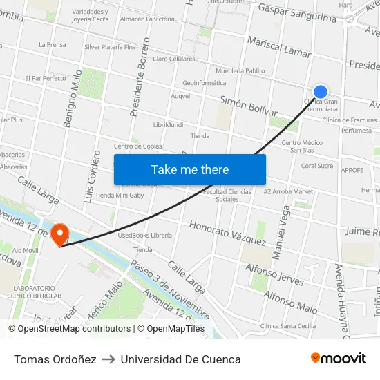 Tomas Ordoñez to Universidad De Cuenca map