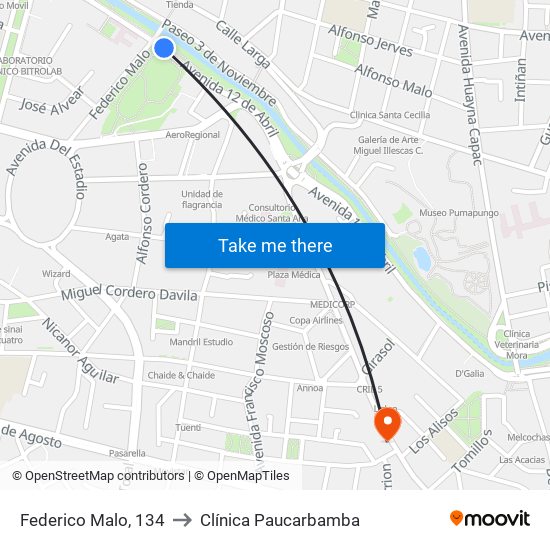 Federico Malo, 134 to Clínica Paucarbamba map