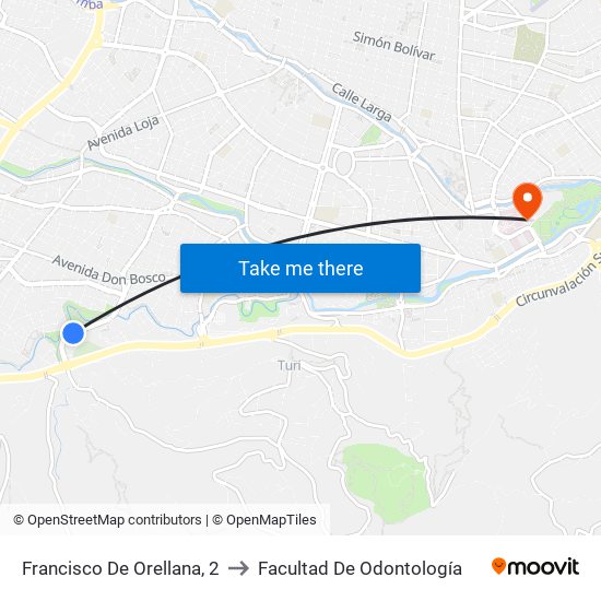 Francisco De Orellana, 2 to Facultad De Odontología map