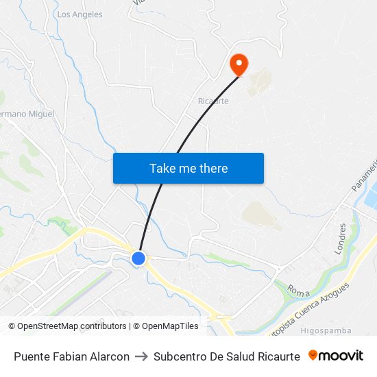 Puente Fabian Alarcon to Subcentro De Salud Ricaurte map