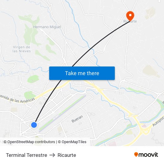 Terminal Terrestre to Ricaurte map