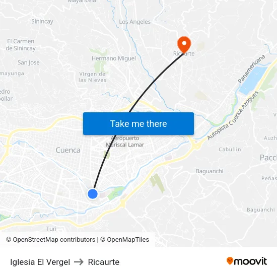 Iglesia El Vergel to Ricaurte map