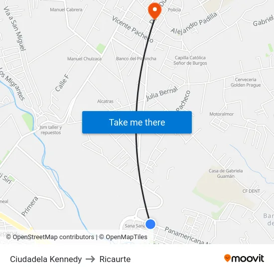 Ciudadela Kennedy to Ricaurte map