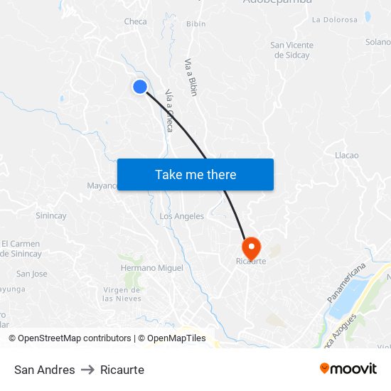 San Andres to Ricaurte map