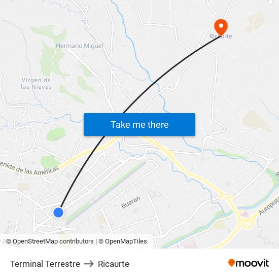 Terminal Terrestre to Ricaurte map