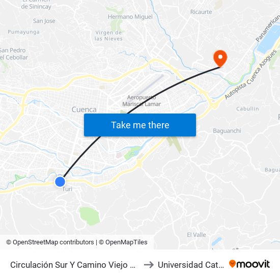 Circulación Sur Y Camino Viejo A Baños to Universidad Catolica map