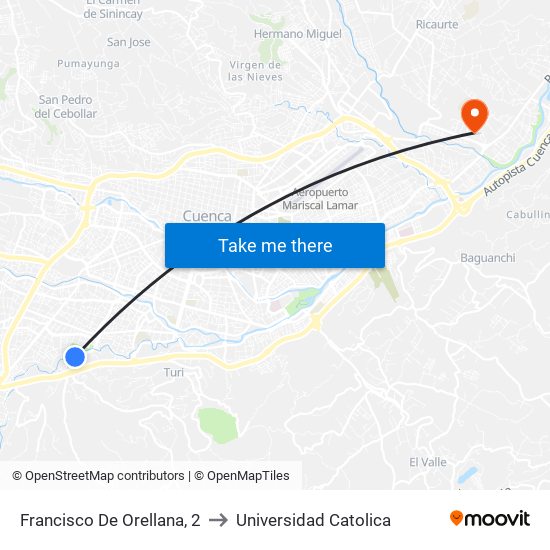 Francisco De Orellana, 2 to Universidad Catolica map