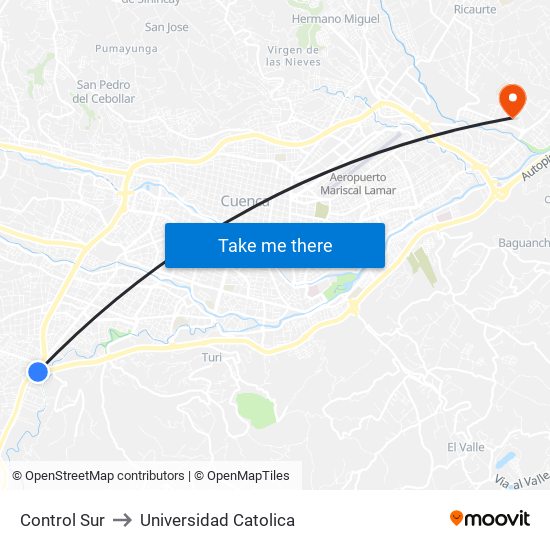 Control Sur to Universidad Catolica map