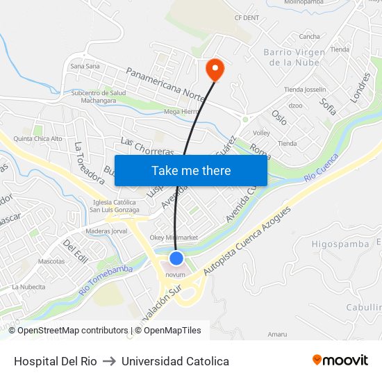 Hospital Del Rio to Universidad Catolica map