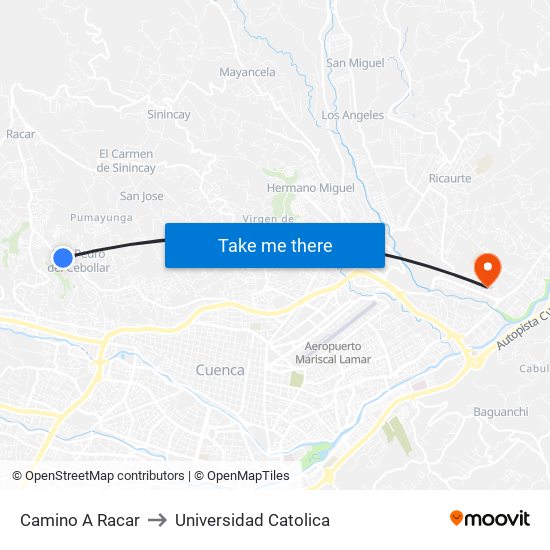 Camino A Racar to Universidad Catolica map