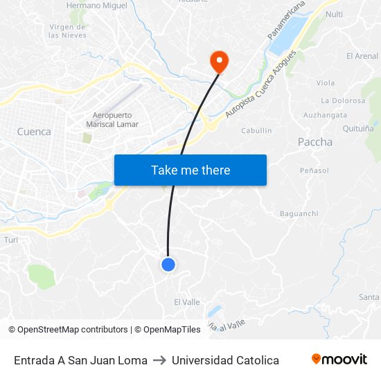 Entrada A San Juan Loma to Universidad Catolica map