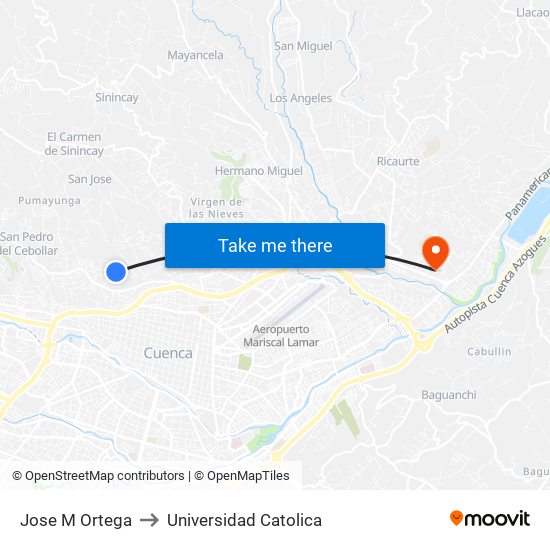 Jose M Ortega to Universidad Catolica map