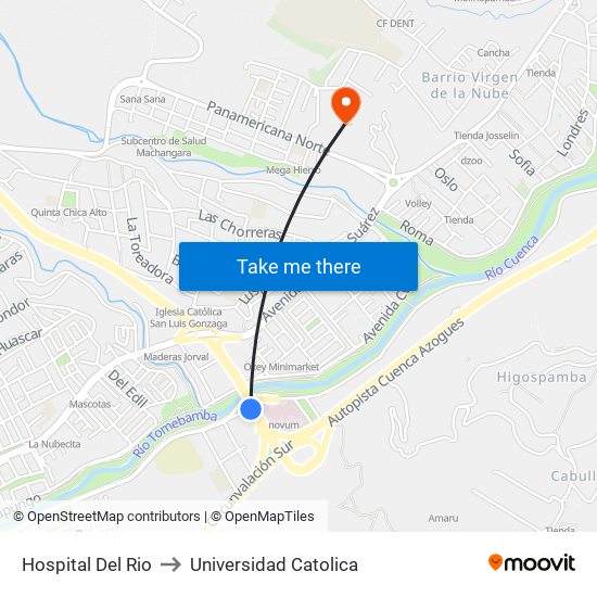 Hospital Del Rio to Universidad Catolica map