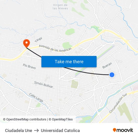 Ciudadela Une to Universidad Catolica map