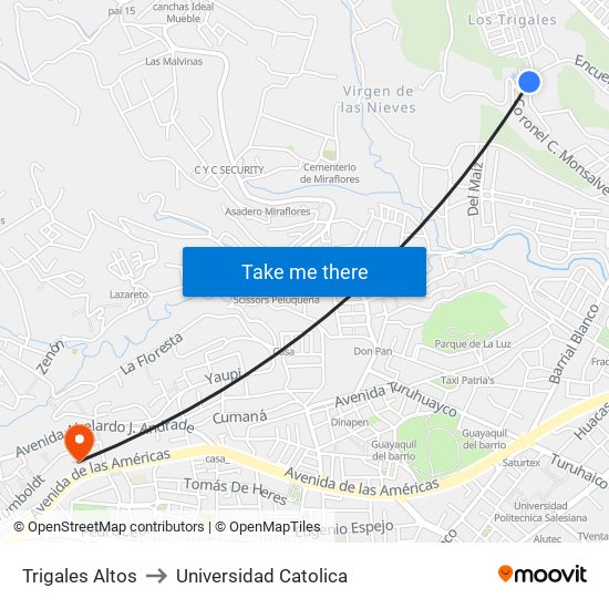 Trigales Altos to Universidad Catolica map