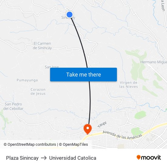 Plaza Sinincay to Universidad Catolica map