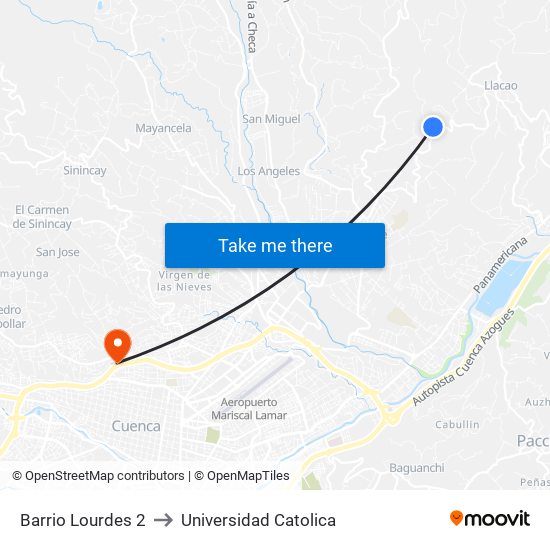 Barrio Lourdes 2 to Universidad Catolica map