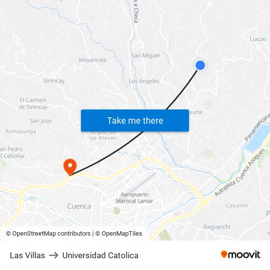 Las Villas to Universidad Catolica map