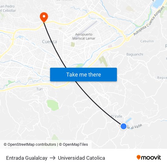 Entrada Gualalcay to Universidad Catolica map