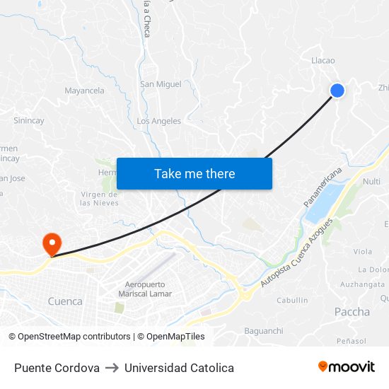 Puente Cordova to Universidad Catolica map