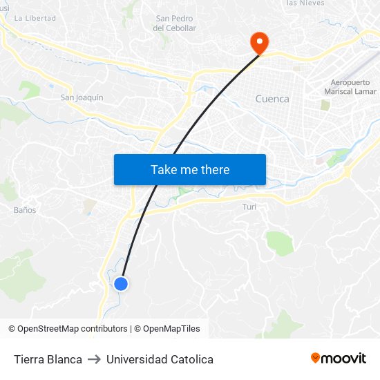 Tierra Blanca to Universidad Catolica map