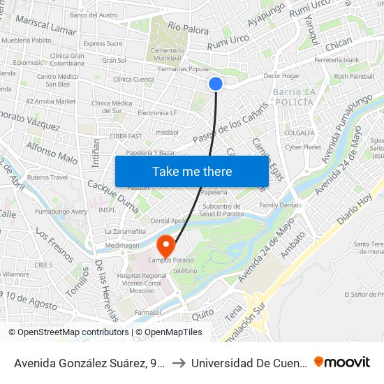 Avenida González Suárez, 925 to Universidad De Cuenca map