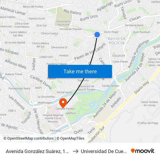 Avenida González Suárez, 1043 to Universidad De Cuenca map
