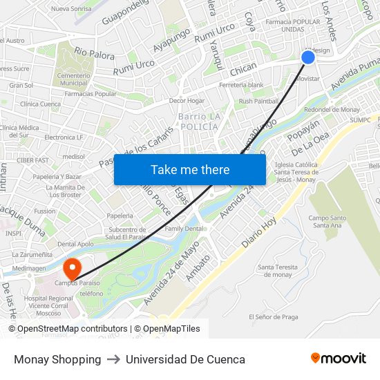 Monay Shopping to Universidad De Cuenca map